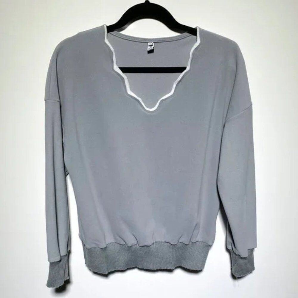 Misslook Grey V-Neck Soft Velour Blouse Womens Size S